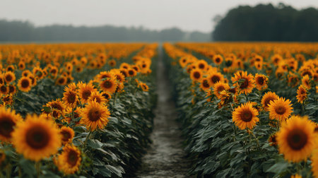 A breathtaking view of a sunflower field under an overcast sky, highlighting the bright yellow blooms that create a vibrant contrast against the greenery.の素材