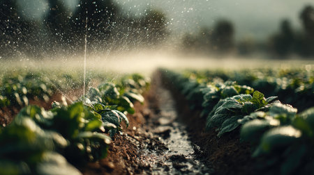 A serene rural farm scene showcasing the delicate process of irrigation as water sprays over vibrant green vegetable crops. The mist creates a peaceful atmosphere.の素材