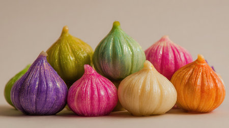 A captivating display of colorful decorative figurines resembling small onions, showcasing a variety of bright shades, perfect for enhancing any decor.の素材