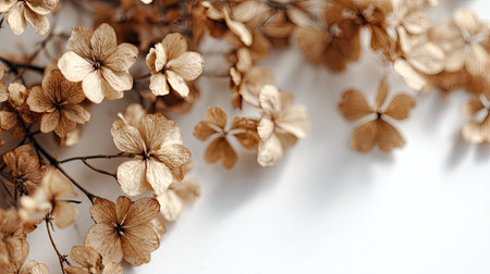 This image features a collection of elegant dried hydrangea flowers arranged beautifully on a clean white background, creating a serene and aesthetic decor element.の素材