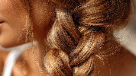 This stunning close-up captures the intricate details of a beautifully braided hairstyle, focusing on the warm honey highlights and natural texture. Perfect for beauty and lifestyle themes.の素材