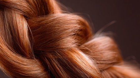 This close-up image captures the intricate details of a beautifully braided hairstyle in rich auburn color. The glossy texture highlights elegance and modernity.の素材