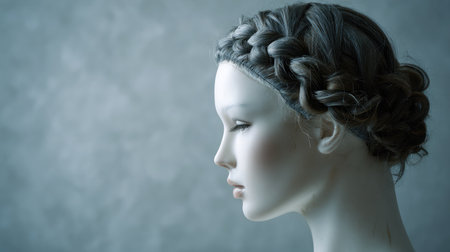 This image captures the serene side profile of a mannequin adorned with elaborate braided hair, set against a soft, textured backdrop, creating a striking visual.の素材