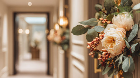 This photo features elegant floral decorations in a hotel hallway, highlighting beautiful roses and lush greenery that enhance the stylish atmosphere and welcoming charm for guests.の素材
