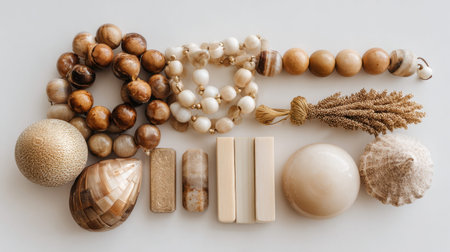 An exquisite arrangement of natural decorative items featuring beads, shells, and unique textures, ideal for enhancing minimalist home decor with a touch of elegance.の素材