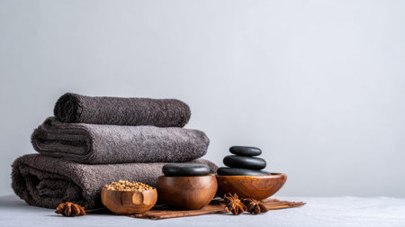 Discover a calming spa setup featuring soft towels and smooth stones. This arrangement creates a serene atmosphere, perfect for relaxation and wellness. Ideal for spa and beauty promotions.の素材