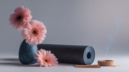 This serene still life features a yoga mat, soft pink gerbera flowers, and an incense holder with gentle smoke, creating a tranquil ambiance perfect for wellness activities.の素材