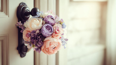 This stunning floral arrangement is elegantly hung on a vintage door handle, showcasing soft pastel colors that add charm and warmth to any indoor space.の素材