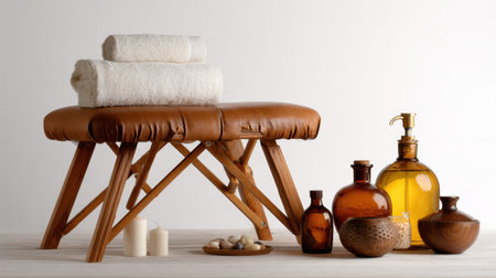 A beautifully arranged spa scene featuring soft towels, amber glass bottles, and natural elements evokes a sense of tranquility and relaxation, ideal for wellness imagery.の素材