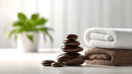 A tranquil spa arrangement featuring stacked stones and soft towels, set against a backdrop of greenery for a soothing atmosphere perfect for relaxation and wellness activities.の素材