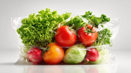 A vibrant assortment of fresh vegetables including tomatoes, lettuce, and parsley packed in a clear plastic bag, perfect for highlighting healthy eating and meal preparation.の素材
