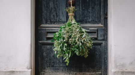 A beautiful bundle of dried herbs is creatively hung on a dark, rustic door, showcasing natural textures and a tranquil ambiance perfect for home decor inspiration.の素材