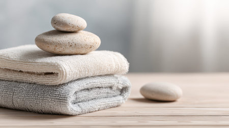 A serene arrangement of stacked towels and smooth stones evokes a sense of calm and relaxation, ideal for wellness and spa-themed projects or personal use.の素材