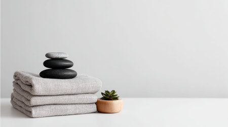 A serene composition featuring soft gray towels, smooth black stones, and a small succulent plant on a clean white surface, ideal for wellness and relaxation themes in decor.の素材