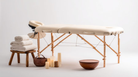 A beautifully arranged massage table with fluffy towels, soft candles, and elegant wooden accessories, creating a peaceful space for relaxation and wellness treatments.の素材