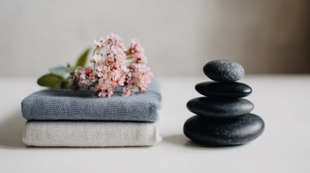 A serene composition featuring soft textiles, delicate pink blossoms, and balanced black stones, perfect for conveying peace and tranquility in wellness settings.の素材