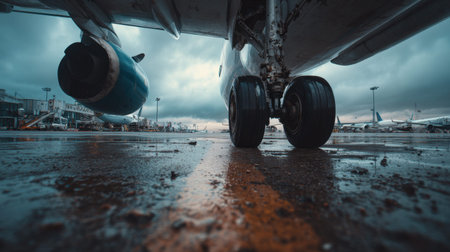 Capture the essence of travel with this stunning low angle view of an airplane's landing gear and engine on a wet runway under a dramatic cloudy sky, perfect for aviation enthusiasts.の素材