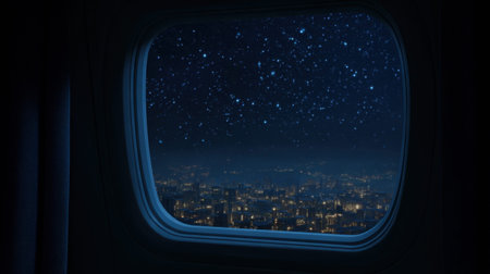 Captivating view from an airplane window at night, showcasing a starry sky above a beautifully illuminated city, creating a serene and tranquil atmosphere for travelers and dreamers alike.の素材