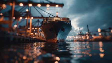 A majestic cargo ship rests at the dock during dusk, illuminated by twinkling lights, creating stunning reflections on the water, perfect for maritime and transportation themes.の素材