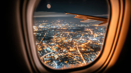Experience a breathtaking aerial view of a vibrant city illuminated at night, captured from an airplane window, showcasing the dynamic urban landscape and atmospheric moonlight.の素材