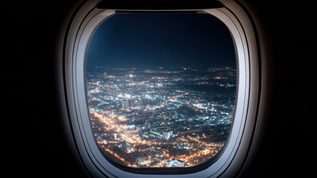 A breathtaking view captured from an airplane window at night, showcasing a vibrant urban landscape filled with glowing city lights contrasting against the night sky.の素材