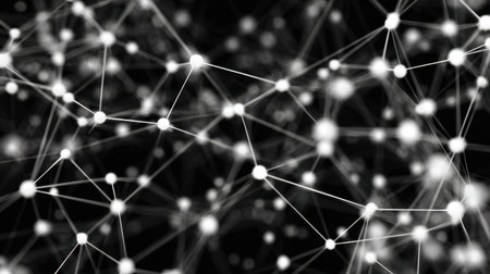 Stunning abstract visualization of a digital network featuring glowing white nodes interconnected by sleek lines on a black background, ideal for tech and science projects.の素材