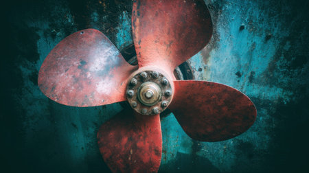 A captivating close-up shot of a weathered propeller showcasing rust and corrosion, set against a striking turquoise background, perfect for applications in marine and industrial themes.の素材