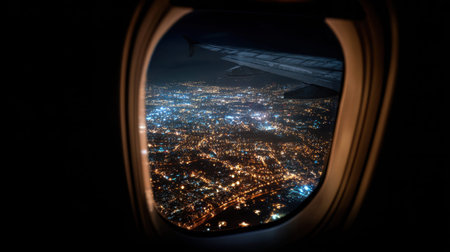 Experience a breathtaking aerial view from an airplane window, showcasing the vibrant city lights at night, illuminating the urban landscape and inviting exploration from above.の素材