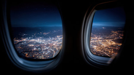 Stunning aerial perspective of a bustling city at night viewed through an airplane window, showcasing a tapestry of lights beneath the starry sky for a captivating travel experience.の素材