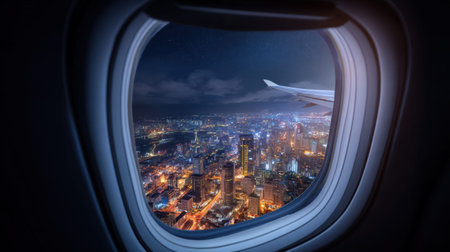 Stunning nighttime view from an airplane window showcasing a vibrant city skyline filled with sparkling lights and modern architecture, highlighting the beauty of travel and exploration.の素材