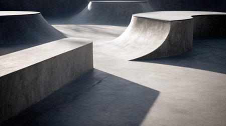 A detailed view of a modern skatepark showcasing sleek concrete ramps and shadows, creating a striking visual of a dynamic urban space suitable for sports and recreation.の素材