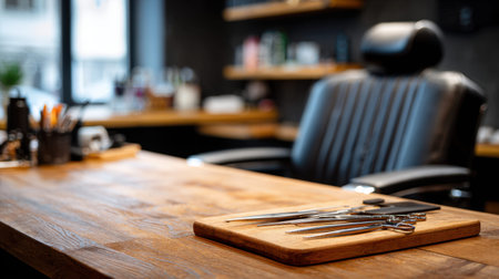 A serene barbershop interior featuring a wooden table adorned with haircut tools, creating a stylish ambiance ideal for beauty and grooming promotions.の素材