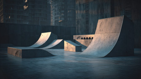A striking view of a modern skatepark featuring various concrete ramps, illuminated by soft light, capturing the essence of urban recreation and sport in a contemporary setting.の素材