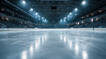 A stunning view of an empty ice hockey rink, showcasing the polished ice surface, bright arena lights, and surrounding spectator seats, perfect for sports enthusiasts and photographers.の素材