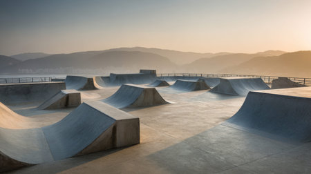 A captivating view of a skate park at sunrise, featuring empty ramps and a smooth surface set against beautiful mountains and a clear sky, perfect for lifestyle and action sports imagery.の素材