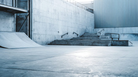 A modern skatepark featuring a sleek concrete design with ramps and stairs, ideal for showcasing action sports and the vibrant energy of youth culture in urban settings.の素材