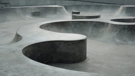 A modern skatepark featuring smooth concrete surfaces and unique curved designs perfect for skateboarding and extreme sports enthusiasts. Ideal for capturing dynamic action shots.の素材