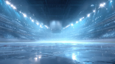 Stunning ice hockey arena view featuring a smooth ice surface under bright lights, creating an energetic and captivating atmosphere for sports enthusiasts.の素材