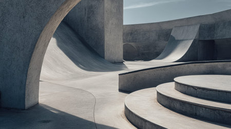This image showcases a modern skate park with smooth concrete surfaces and dynamic curves, offering an artistic view of urban recreation in a sunny outdoor setting.の素材