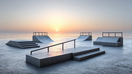 A peaceful skate park scene at sunrise featuring smooth concrete structures with rails and ramps, ideal for skating. The calm water reflects the soft morning light, creating a serene atmosphere.の素材