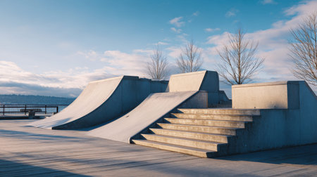 This image showcases a modern skatepark with smooth concrete features, ideal for action sports enthusiasts. The bright sky and trees create a vibrant atmosphere perfect for urban lifestyle photography.の素材