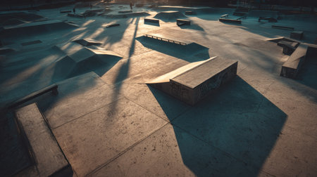 A stunning urban skate park captured at sunset, showcasing empty ramps and long shadows, perfect for conveying a sense of adventure and action sports culture.の素材