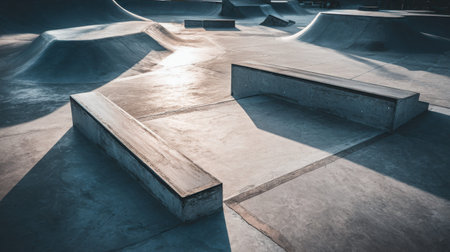 A tranquil skate park landscape captures the essence of urban recreational space with its clean lines, inviting surfaces, and play of sunlight and shadows. Ideal for adventure seekers.の素材
