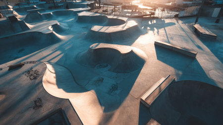 Captivating aerial perspective of an empty skatepark at sunset, showcasing the smooth concrete surfaces, ideal for capturing the essence of skateboarding culture and urban leisure.の素材