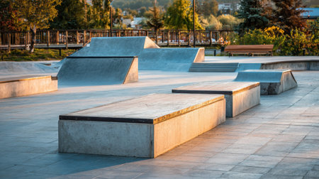 A tranquil skatepark scene featuring smooth concrete surfaces illuminated by the warm light of evening. Perfect for showcasing urban activities and youth culture in photography.の素材