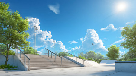 A lively skate park filled with ramps and stairs, surrounded by lush trees. The scene is bright and inviting, capturing the essence of outdoor sports and vibrant urban life.の素材