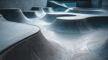 A stunning perspective of a skatepark with sleek curves and innovative designs, showcasing a vibrant urban space ideal for action sports and community engagement.の素材