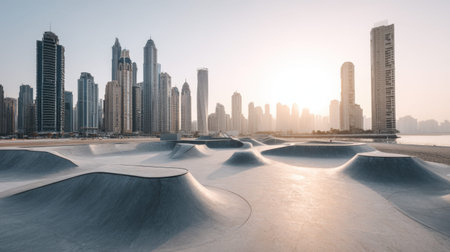 A stunning urban scene showcasing a modern skate park surrounded by towering skyscrapers at sunrise, illustrating vibrant city life and the spirit of youth culture.の素材