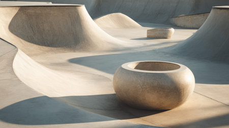 Unique view of a modern skate park with smooth concrete curves and abstract shapes, highlighting the interplay of light and shadows, capturing urban sport vibes.の素材