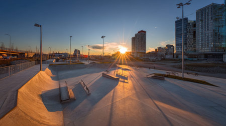 A stunning view of an urban skate park at sunset, featuring concrete ramps and benches, surrounded by modern buildings, creating a dynamic and thrilling atmosphere for skaters.の素材